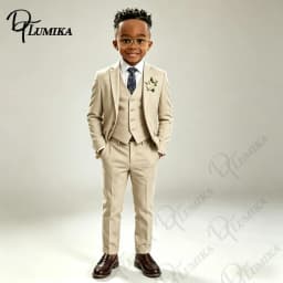 Luxury Beige Linen Kids Tuxedo Set Blue Floral Tie Comfortable 3 Piece Formal Suit for Wedding Ring Bearer All Special Occasions