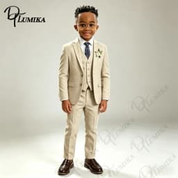 Luxury Beige Linen Kids Tuxedo Set Blue Floral Tie Comfortable 3 Piece Formal Suit for Wedding Ring Bearer All Special Occasions