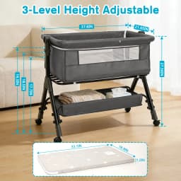 Baby Bedside Bassinet Co‑Sleeper, Height Adjustable Infant Bedside Crib with Mosquito Canopy, Large Storage Basket Lockable Wheels for Newborn, 3 Colors Optional