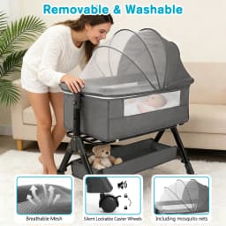 Baby Bedside Bassinet Co‑Sleeper, Height Adjustable Infant Bedside Crib with Mosquito Canopy, Large Storage Basket Lockable Wheels for Newborn, 3 Colors Optional