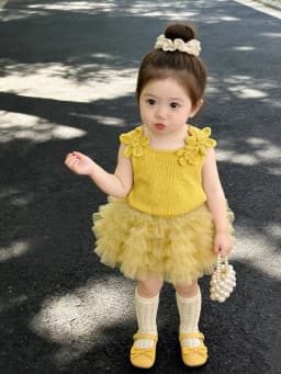 Children's Summer Princess Set Lemon Yellow Flower Knitted Vest Gauze Dress TUTU Skirt Girls' Outfit