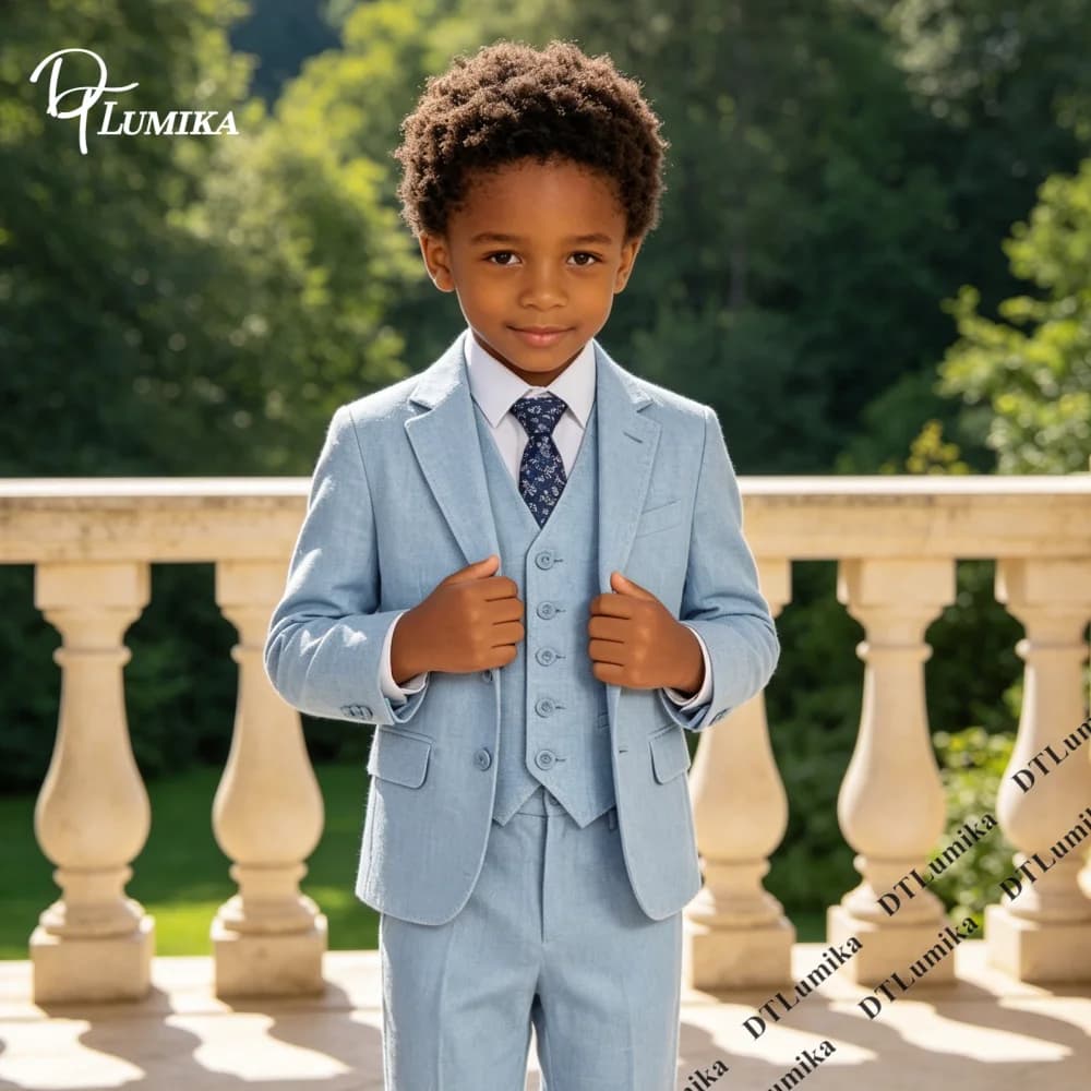 Ship Today Wedding Ring Bearer Page Boy Tuxedo Communion Suit Boy's Formal Linen Suit 4-Piece Jacket Vest Pants Tie Bowtie