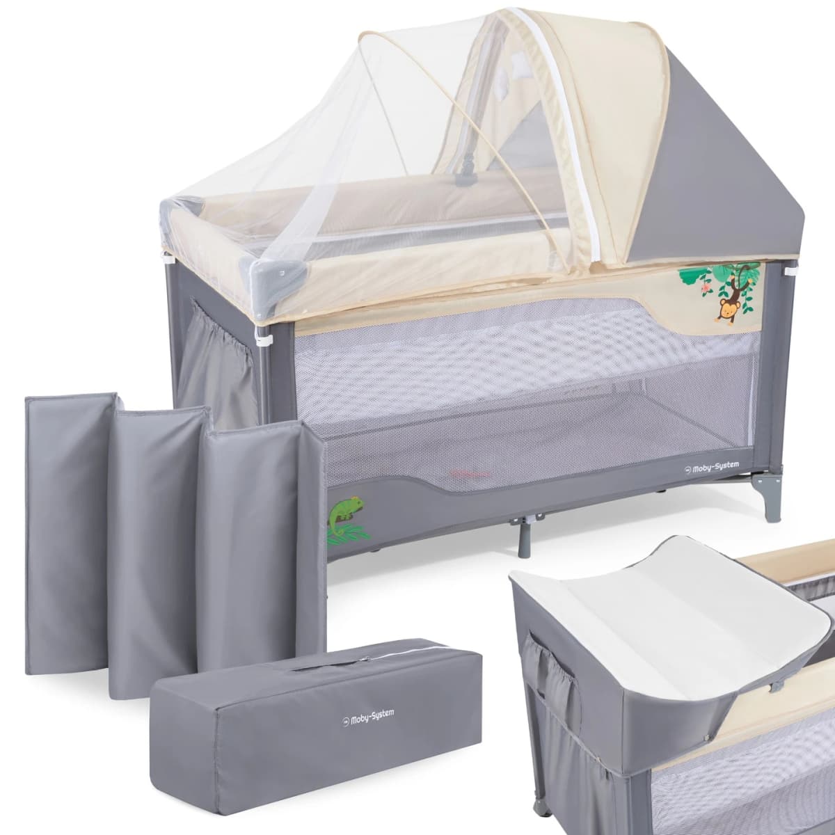 Moby-System Travel Cot Huxley Baby Playpen with Changing Table 2 Levels with Mosquito Net Canopy Foldable 0-36m