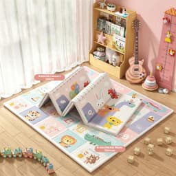 Reversible Foldable Baby Crawling Mat, Cute Animal Cartoon Kids Play Mat, Non-Toxic XPE Floor Mat for Toddlers