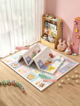 Reversible Foldable Baby Crawling Mat, Cute Animal Cartoon Kids Play Mat, Non-Toxic XPE Floor Mat for Toddlers