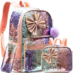 Backpack for Girls 16" Backpacks for Girls for School Sequin Backpack with Lunch Box for Elementary Students