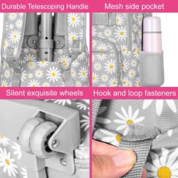 3Pcs Gray Daisy Wheeled Backpack Set Trolley School Bag with Lunch Box Pencil Case