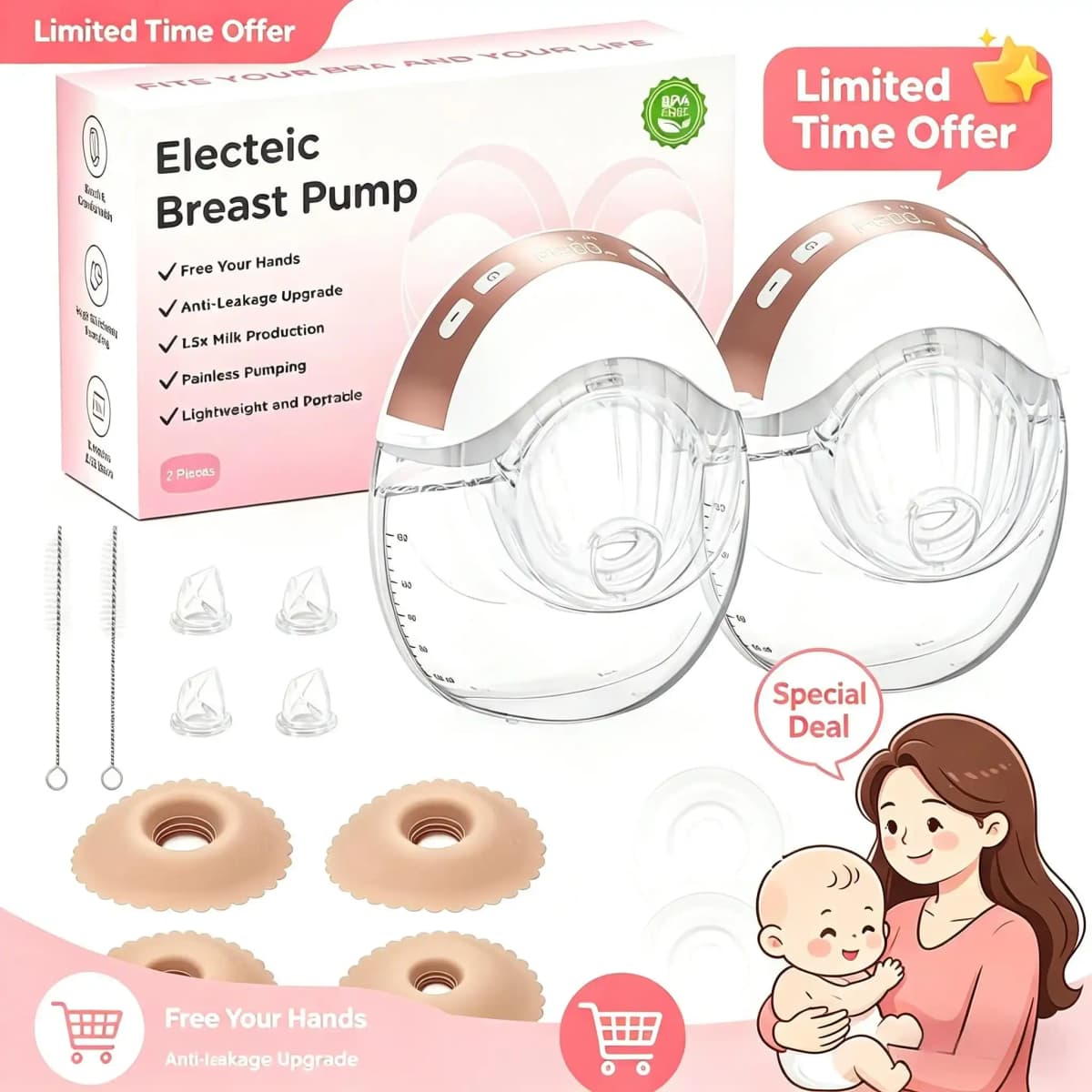 Electric Breast Pump 3 modes & 12 levels Hands-Free Breastpump, Pain-Free, BPA-Free Milk Collector with 17/19/21/24 mm Flange