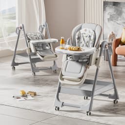 Multi-Functional Baby High Chair with Adjustable Eating Tray, Convertible Infant Feeding Booster Seat, Pyramid Stable Frame with Omnidirectional Brake Wheels, Breathable Padded Cushion for Toddlers