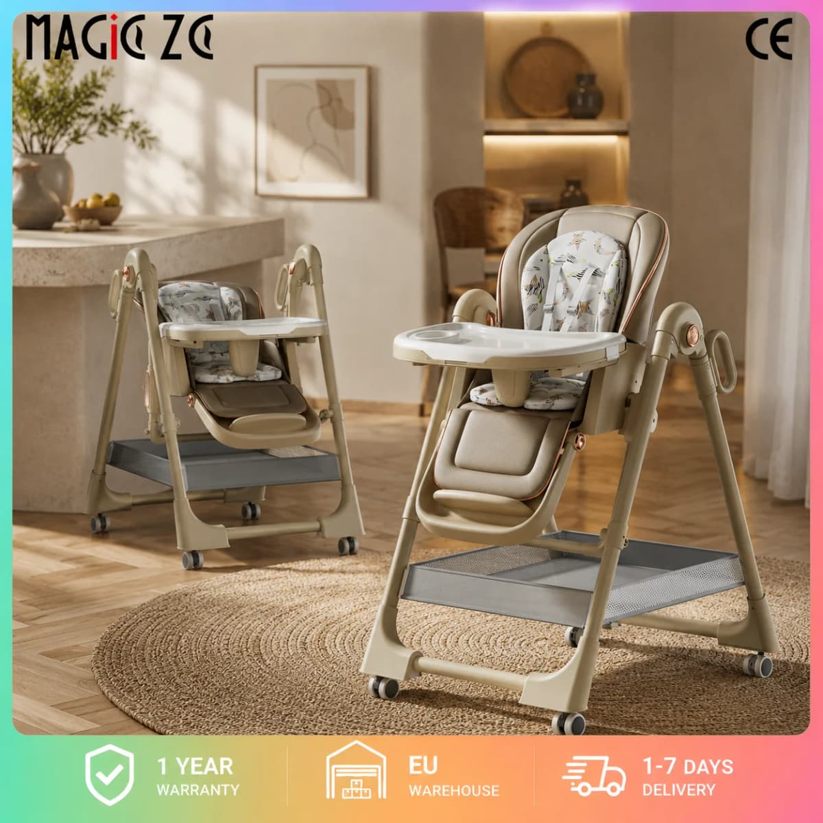 Multi-Functional Baby High Chair with Adjustable Eating Tray, Convertible Infant Feeding Booster Seat, Pyramid Stable Frame with Omnidirectional Brake Wheels, Breathable Padded Cushion for Toddlers