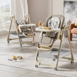 Multi-Functional Baby High Chair with Adjustable Eating Tray, Convertible Infant Feeding Booster Seat, Pyramid Stable Frame with Omnidirectional Brake Wheels, Breathable Padded Cushion for Toddlers
