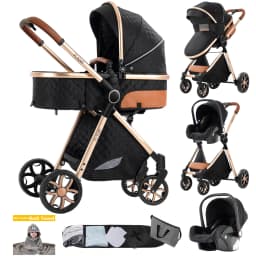 High Landscape Baby Stroller 3 in 1 Travel System with Infant Car Seat Reversible Newborn Pram Foldable Pushchair Bassinet for 0 to 36 Months One Hand Fold Adjustable Backrest Five Point Harness Large Storage Basket