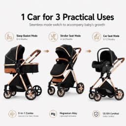 High Landscape Baby Stroller 3 in 1 Travel System with Infant Car Seat Reversible Newborn Pram Foldable Pushchair Bassinet for 0 to 36 Months One Hand Fold Adjustable Backrest Five Point Harness Large Storage Basket