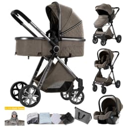 High Landscape Baby Stroller 3 in 1 Travel System with Infant Car Seat Reversible Newborn Pram Foldable Pushchair Bassinet for 0 to 36 Months One Hand Fold Adjustable Backrest Five Point Harness Large Storage Basket