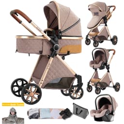 High Landscape Baby Stroller 3 in 1 Travel System with Infant Car Seat Reversible Newborn Pram Foldable Pushchair Bassinet for 0 to 36 Months One Hand Fold Adjustable Backrest Five Point Harness Large Storage Basket
