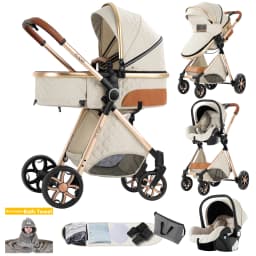 High Landscape Baby Stroller 3 in 1 Travel System with Infant Car Seat Reversible Newborn Pram Foldable Pushchair Bassinet for 0 to 36 Months One Hand Fold Adjustable Backrest Five Point Harness Large Storage Basket