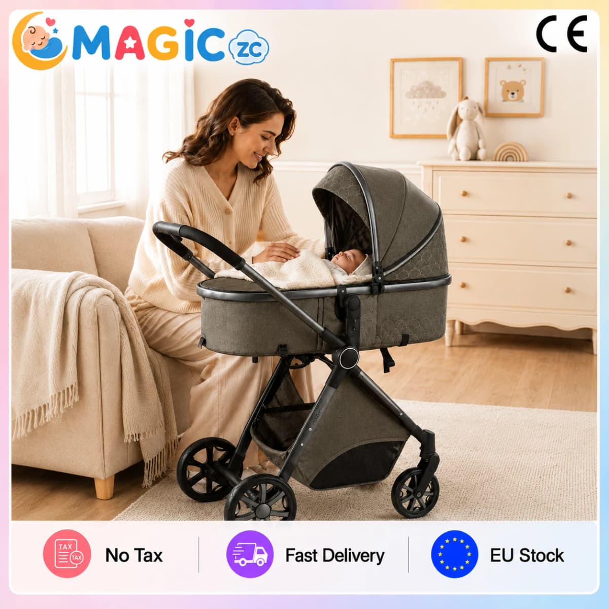 High Landscape Baby Stroller 3 in 1 Travel System with Infant Car Seat Reversible Newborn Pram Foldable Pushchair Bassinet for 0 to 36 Months One Hand Fold Adjustable Backrest Five Point Harness Large Storage Basket