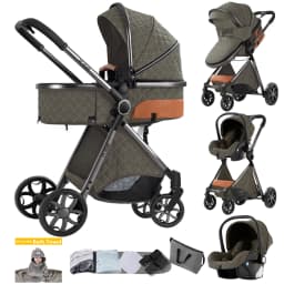 High Landscape Baby Stroller 3 in 1 Travel System with Infant Car Seat Reversible Newborn Pram Foldable Pushchair Bassinet for 0 to 36 Months One Hand Fold Adjustable Backrest Five Point Harness Large Storage Basket