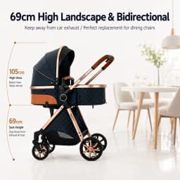 High Landscape Baby Stroller 3 in 1 Travel System with Infant Car Seat Reversible Newborn Pram Foldable Pushchair Bassinet for 0 to 36 Months One Hand Fold Adjustable Backrest Five Point Harness Large Storage Basket
