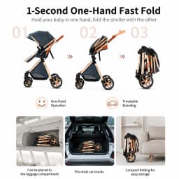High Landscape Baby Stroller 3 in 1 Travel System with Infant Car Seat Reversible Newborn Pram Foldable Pushchair Bassinet for 0 to 36 Months One Hand Fold Adjustable Backrest Five Point Harness Large Storage Basket