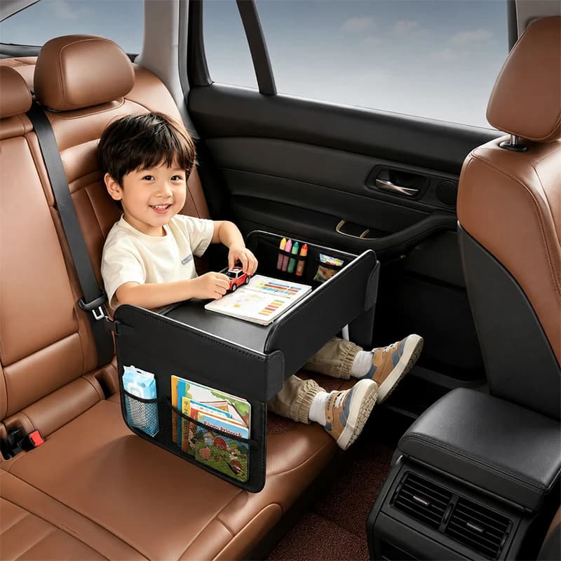 Foldable Car Table For Kids PU Leather Rear Seat Laptop Desk Ipad Table Non Slip Legs Kids Travel Dining Trays Accessories