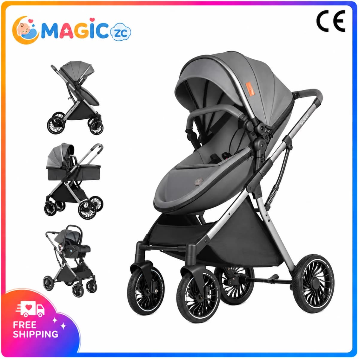 3 in 1 Travel System with Aluminum Frame Adjustable Sunshade and Five Point Harness Convertible Baby Stroller Newborn Baby Pram for Birth to Toddler with Foldable Shock Absorbing Wheels for Daily Walks Shopping and Family Trips