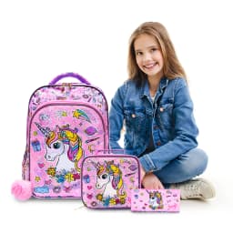 3PCS Kids Travel Bag, Luggage Bag, Bookbag, With Lunch Box And Pen Bag, Cute Cartoon Pink Unicorn Sequin, Nighttime Reflective
