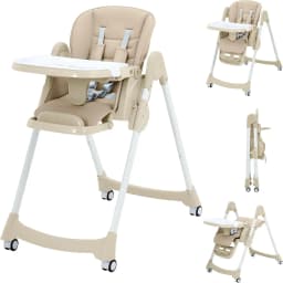 Baby chair, high‑low 2‑way design with a 3‑position table, one‑touch folding, 5‑point safety harness, height adjustment, easy to move—suitable for ages 6 months to 5 years; also makes a thoughtful gift for new parents.