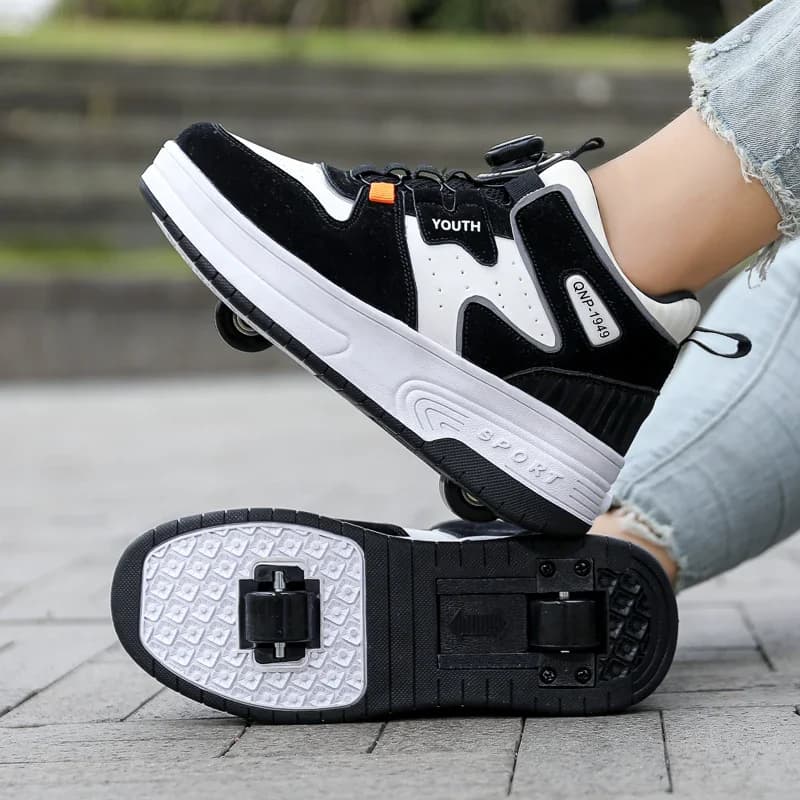 Kids Roller Skate Shoes 4 Wheels Rotary Buckle Mid Top Deformation Sneakers Outdoor Skating Shoes For Boys Girls Size 31-42