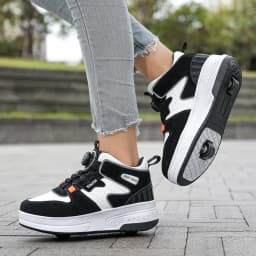Kids Roller Skate Shoes 4 Wheels Rotary Buckle Mid Top Deformation Sneakers Outdoor Skating Shoes For Boys Girls Size 31-42