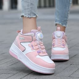 Kids Roller Skate Shoes 4 Wheels Rotary Buckle Mid Top Deformation Sneakers Outdoor Skating Shoes For Boys Girls Size 31-42