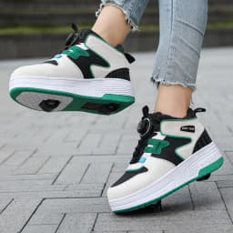 Kids Roller Skate Shoes 4 Wheels Rotary Buckle Mid Top Deformation Sneakers Outdoor Skating Shoes For Boys Girls Size 31-42