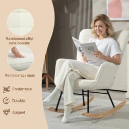 HOMCOM Fauteuil à bascule rocking chair revêtement effet laine bouclée, structure en acier 71 x 98 x 101 cm blanc