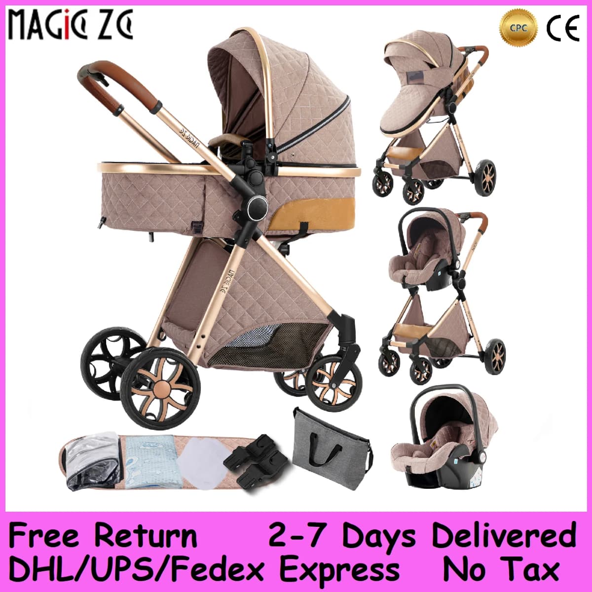 Ultra-Safe Lightweight Baby Stroller 3 in 1 Travel System - Reversible High View Newborn Pushchair with 5-Point Belt, 4-Wheel Shock Absorption Brakes, All-Weather Canopy & 6 Gifts, Comfortable Sitting & Lying Pram 0-4Y