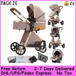 Ultra-Safe Lightweight Baby Stroller 3 in 1 Travel System - Reversible High View Newborn Pushchair with 5-Point Belt, 4-Wheel Shock Absorption Brakes, All-Weather Canopy & 6 Gifts, Comfortable Sitting & Lying Pram 0-4Y
