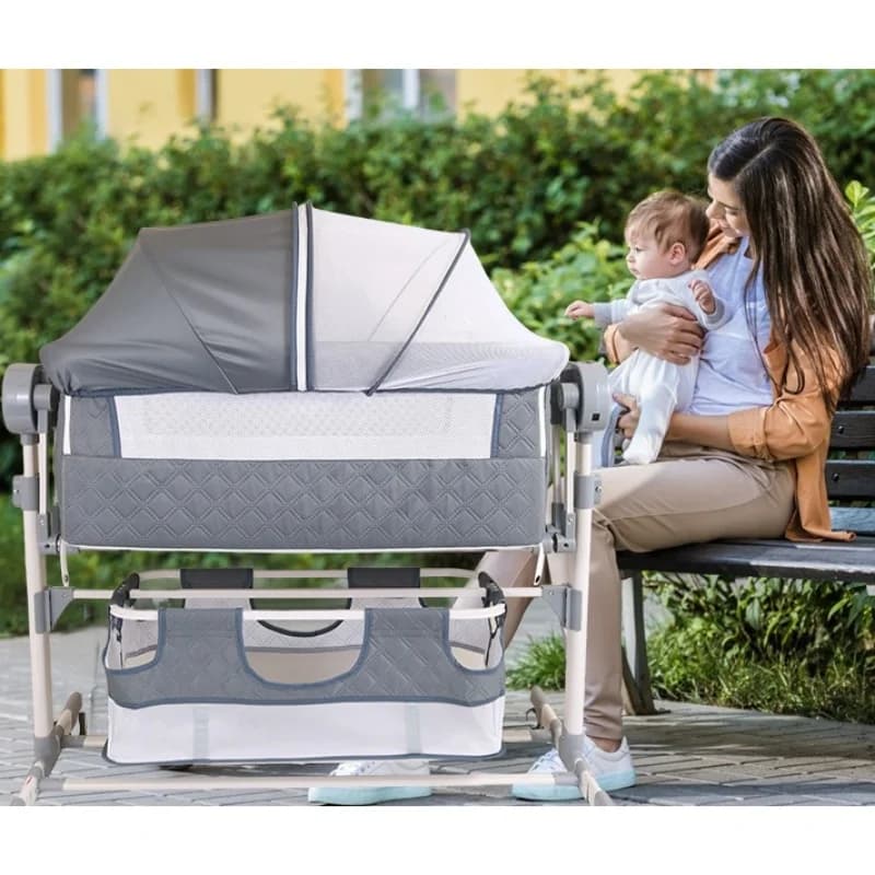 Cribs for Baby Baby Bed Baby Cradle Multi Functional Infant Sleeping Bed Lightweight Portable Four Wheel Hand Push Newborn Cribs with Half-covered Mosquito Net Memory Cotton Mattress Soft and Safety Cradle