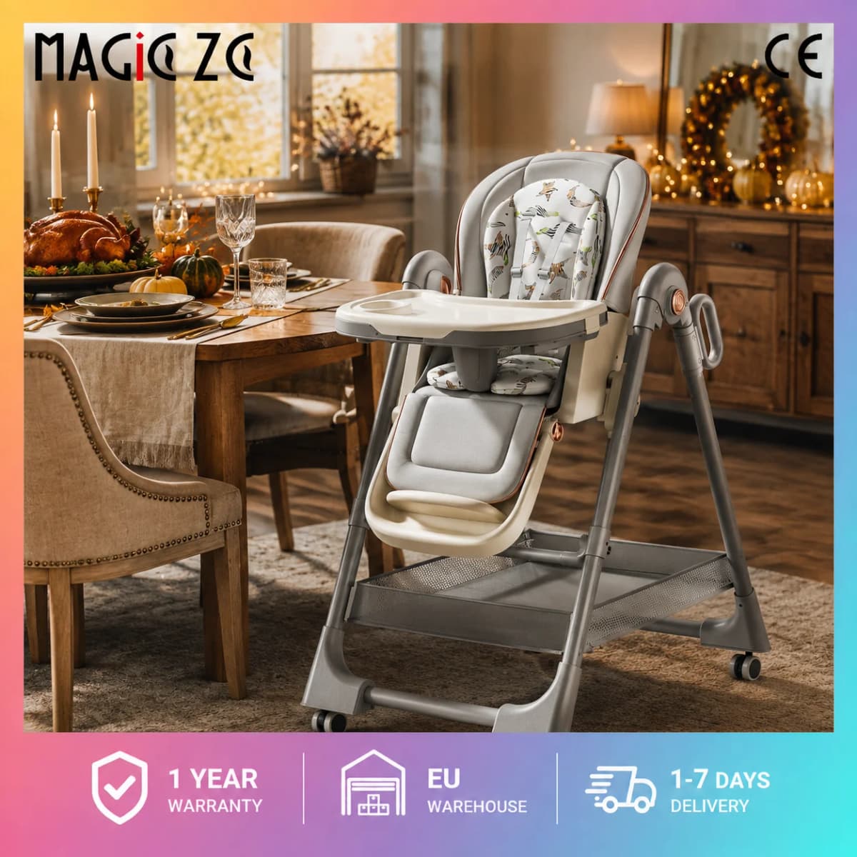 Multifunctional Baby High Chair Foldable Infant Dining Table Feeding Seat Reclining Sleep Cradle Aluminum Alloy Frame 4-Position Adjustable Food Tray Omnidirectional Lockable Brake Wheels Soft Cushion