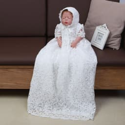 New Baby Girl Long Dresses White Lace Infant Girl Baptism Dress with Hat Kid Clothing