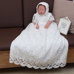 New Baby Girl Long Dresses White Lace Infant Girl Baptism Dress with Hat Kid Clothing