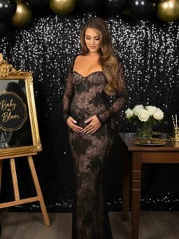 Elegant Black Lace Maternity Dress Sheer Long Sleeve Pregnancy Gown for Photoshoot Maternity Photography Prop Baby Shower Outfit