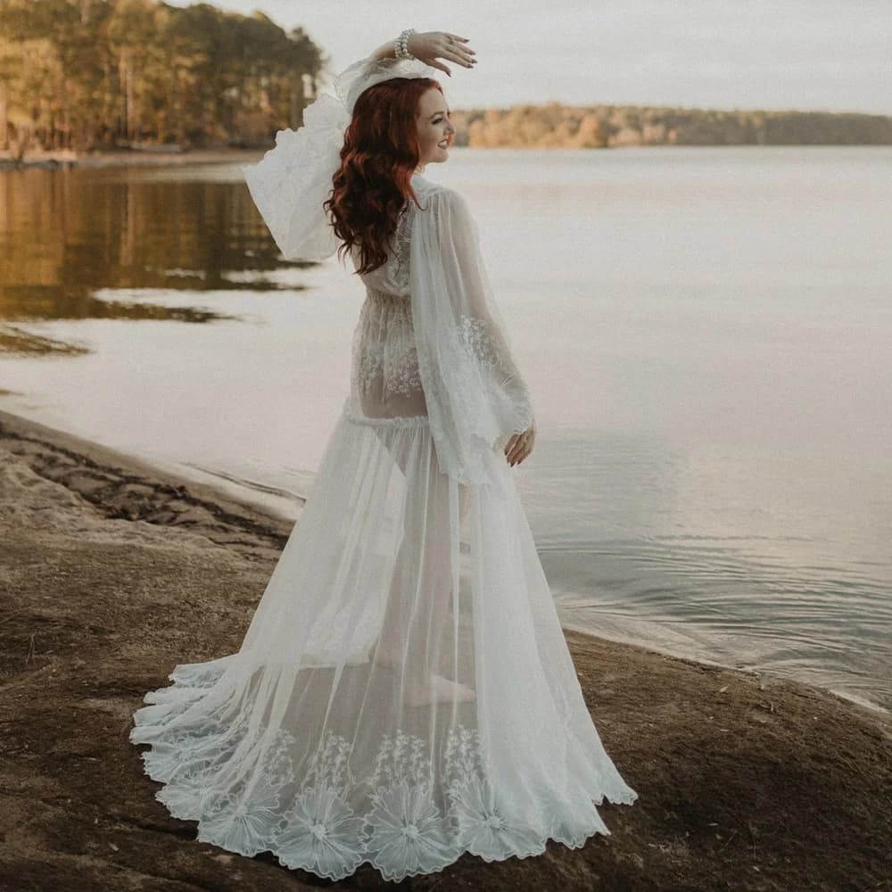 Maternity Gown For Photo Shoot Elegant Cotton Thread Embroidered Soft Mesh Outer Robe Grossese Shooting Photo Baby Shower Dress