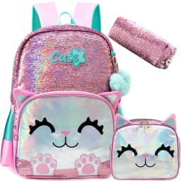 Backpack for Girls 16" Backpacks for Girls for School Sequin Backpack with Lunch Box for Elementary Students