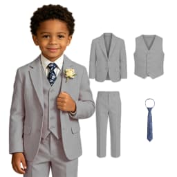 Boy's Linen Suit , 4 Piece Regular Fit Tuxedo for Kids, Jacket Vest Pants Tie Communion Piano Preformance Ring Bearer Suits
