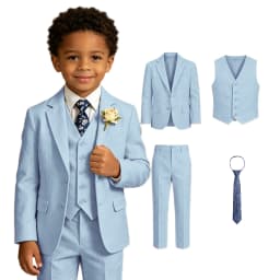 Boy's Linen Suit , 4 Piece Regular Fit Tuxedo for Kids, Jacket Vest Pants Tie Communion Piano Preformance Ring Bearer Suits