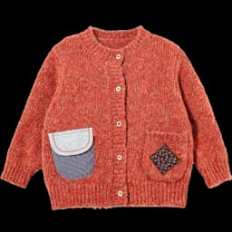Amila 2026 Winter Children's Burgundy Cardigan Sweater, Contrasting Color Patchwork Pocket, Warm Knit, Playful And Fashionable
