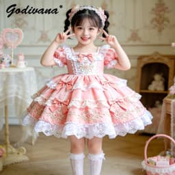 Sweet Baby Girls 2026 Summer New Pink Lolita Dress Kids Lace Trim Bow Heavy Embroidery Puffy Sleeve High End Birthday Party Gown