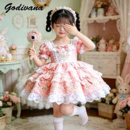 Sweet Baby Girls 2026 Summer New Pink Lolita Dress Kids Lace Trim Bow Heavy Embroidery Puffy Sleeve High End Birthday Party Gown