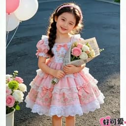 Sweet Baby Girls 2026 Summer New Pink Lolita Dress Kids Lace Trim Bow Heavy Embroidery Puffy Sleeve High End Birthday Party Gown