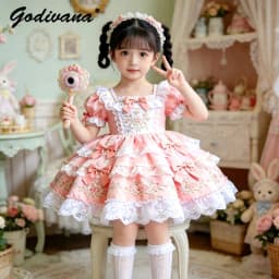 Sweet Baby Girls 2026 Summer New Pink Lolita Dress Kids Lace Trim Bow Heavy Embroidery Puffy Sleeve High End Birthday Party Gown