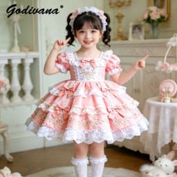 Sweet Baby Girls 2026 Summer New Pink Lolita Dress Kids Lace Trim Bow Heavy Embroidery Puffy Sleeve High End Birthday Party Gown